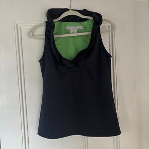 Gretchen Scott Solid Navy Jersey Sleeveless Ruffneck Top